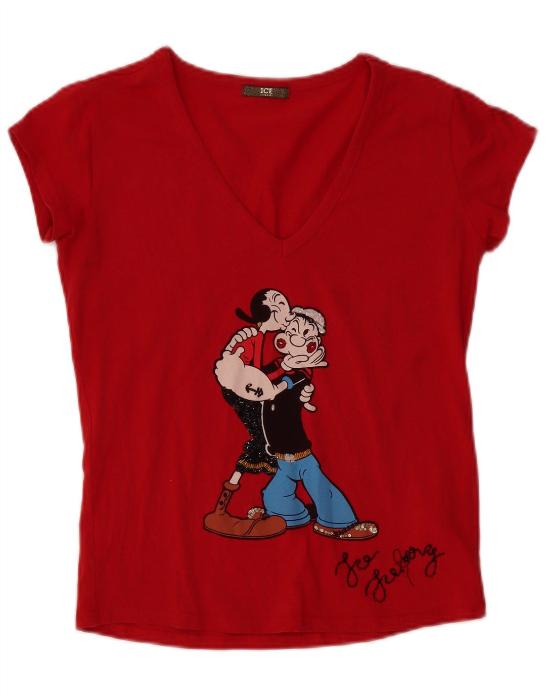 T-shirt grafica da donna Popeye ICEBERG Top UK 12 cotone rosso medio