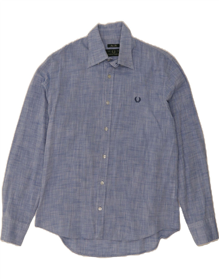 FRED PERRY Mens Slim Fit Shirt Small Blue Flecked Cotton Vintage Fred Perry and Second-Hand Fred Perry from Messina Hembry 