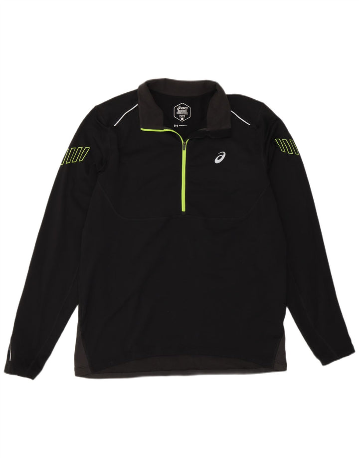 Asics Uomo Zip Neck Pullover Tuta Top Large Nero Colourblock