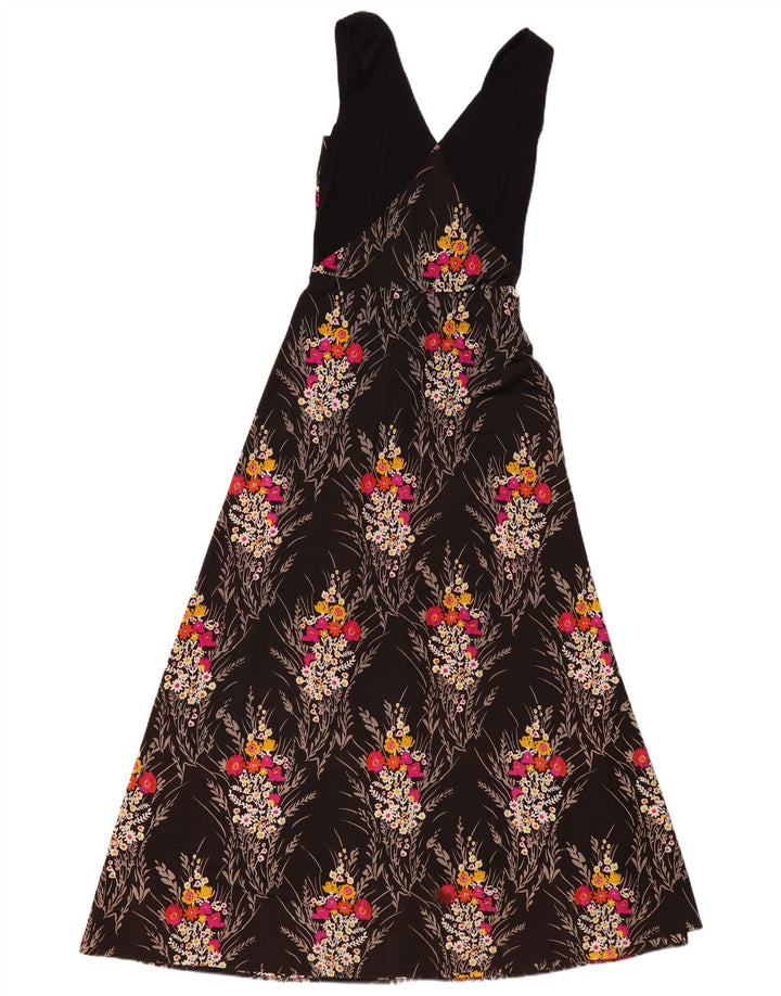 Abito lungo senza maniche da donna VINTAGE UK 4 XS nero floreale