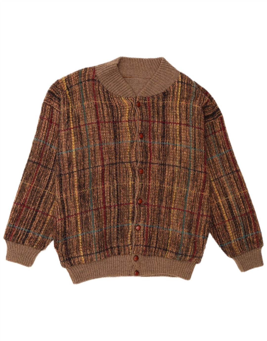Maglione cardigan da uomo vintage in acrilico a quadri marroni grandi