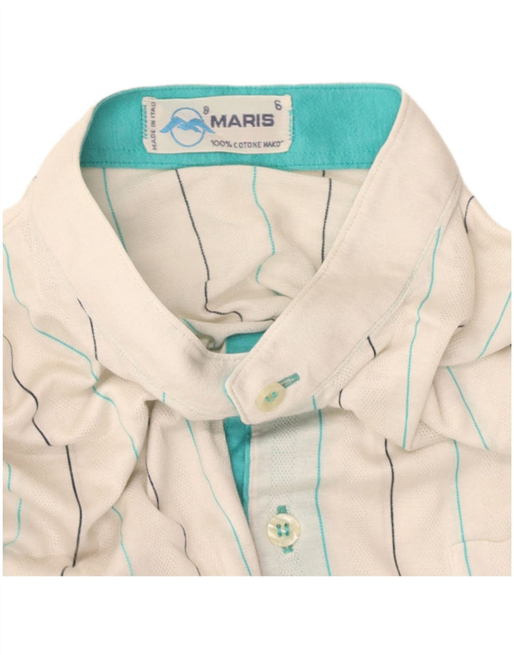 VINTAGE Mens Polo Shirt Medium Off White Striped Cotton