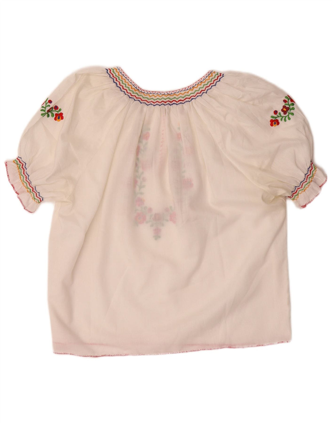 Top camicetta corta da donna VINTAGE UK 16 grande poliestere floreale bianco