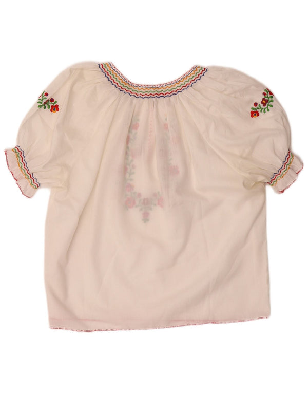 Top camicetta corta da donna VINTAGE UK 16 grande poliestere floreale bianco