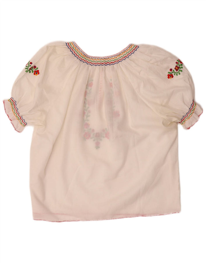 Top camicetta corta da donna VINTAGE UK 16 grande poliestere floreale bianco