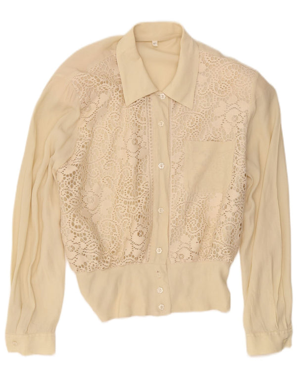Camicetta camicia vintage da donna IT 44 Seta floreale beige medio