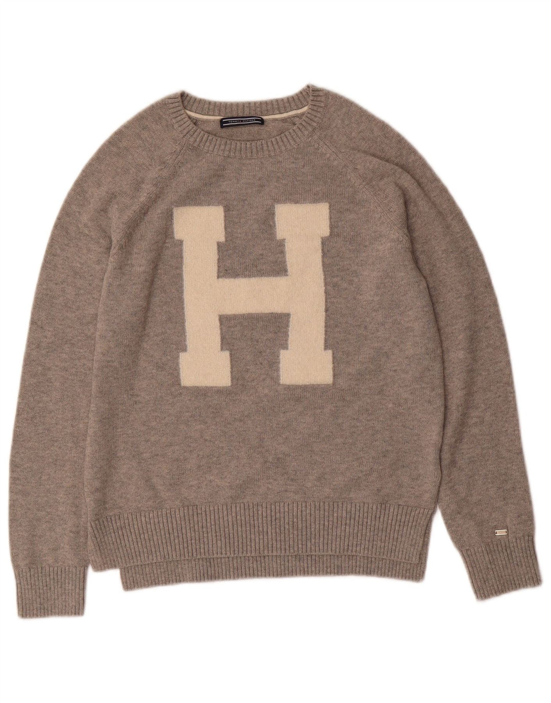 TOMMY HILFIGER Womens Graphic Crew Neck Jumper Sweater UK 12 Medium Grey