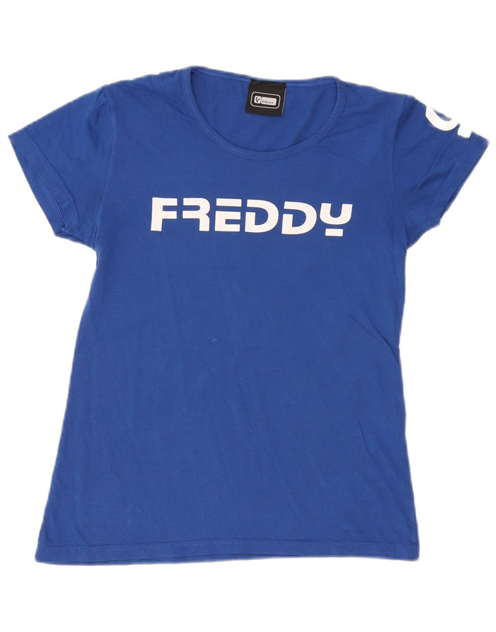 T-shirt grafica da donna Freddy Top UK 12 cotone blu medio