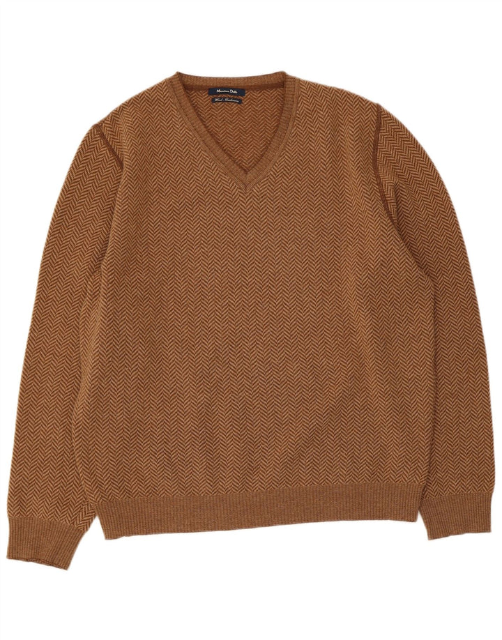 Massimo Dutti Maglione da uomo con scollo a V, grande, in lana a spina di pesce marrone