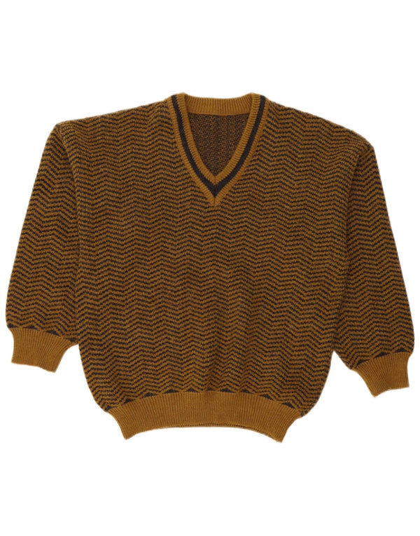 Maglione vintage da uomo ampio con scollo a V, piccolo Chevron marrone