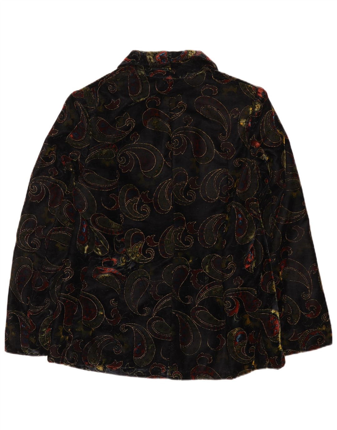 Giacca vintage da donna in velluto a 2 bottoni con motivo cachemire UK 12 medio nero