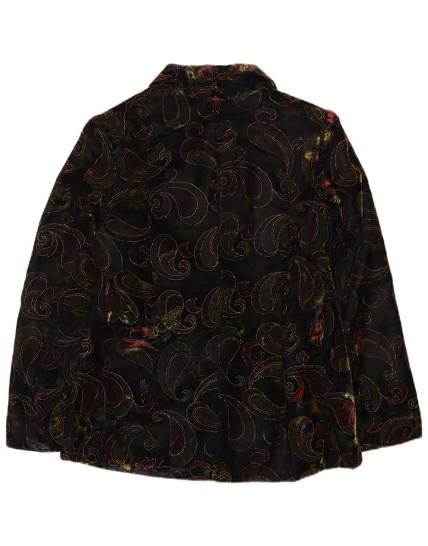 Giacca vintage da donna in velluto a 2 bottoni con motivo cachemire UK 12 medio nero