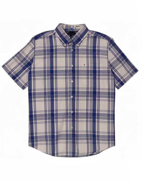Camicia a maniche corte da uomo Tommy Hilfiger in cotone scozzese blu medio