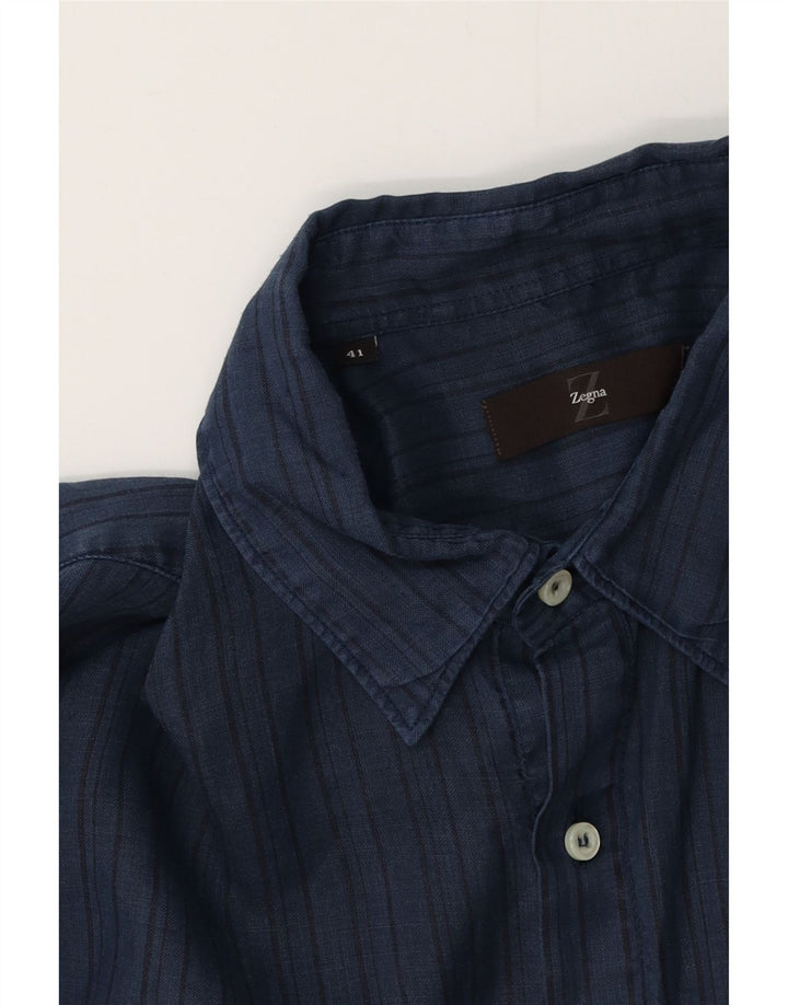 ZEGNA Camicia a maniche corte da uomo taglia 41 medio blu navy a righe