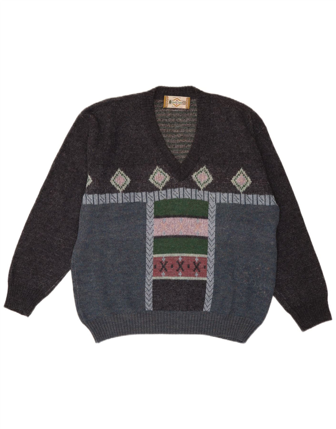 Maglione da uomo con scollo a V della South Coast, grande motivo geometrico multicolore