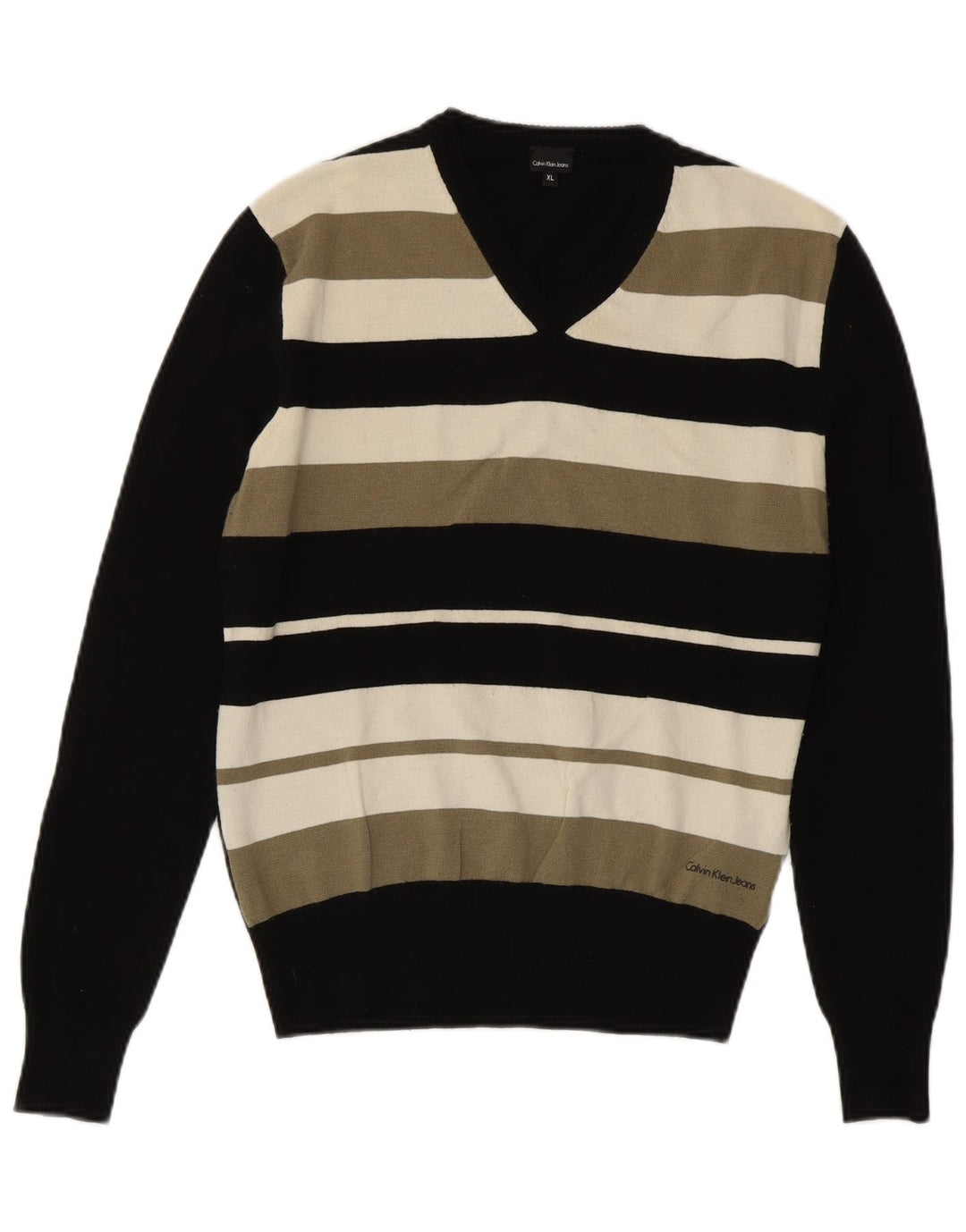 Calvin Klein Jeans maglione da donna con scollo a V piccolo in lana a righe nere
