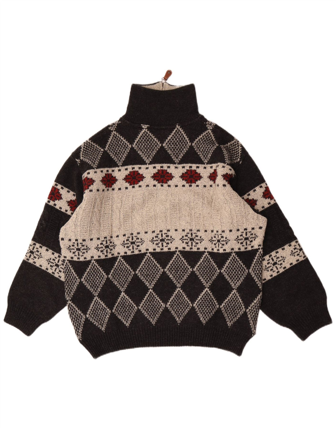 Maglione vintage da uomo con zip e collo IT 48 medio nero a rombi/diamante