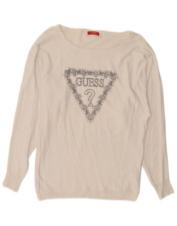 Guess maglione da donna con scollo a barca con grafica UK 16 grande viscosa bianca