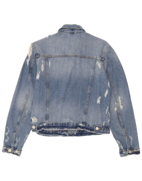 Giacca in denim effetto invecchiato corto da donna Zara UK 12 cotone blu medio
