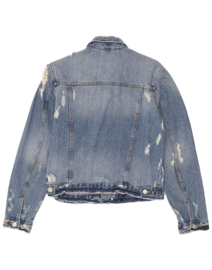 Giacca in denim effetto invecchiato corto da donna Zara UK 12 cotone blu medio