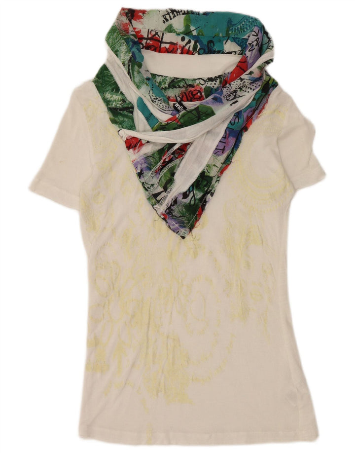 Desigual Donna Camicetta a Collo Basso Top UK 10 Piccola Viscosa Bianca