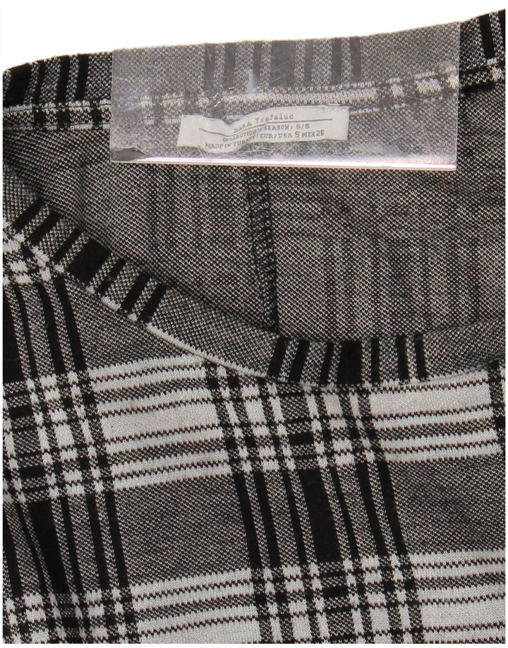 ZARA Camicetta da Donna a Maniche Corte a Maniche Lunghe Top UK 10 Piccolo Plaid Nero