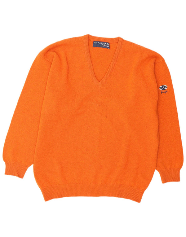 PRINGLE Mens V-Neck Jumper Sweater Medium Orange Lambswool