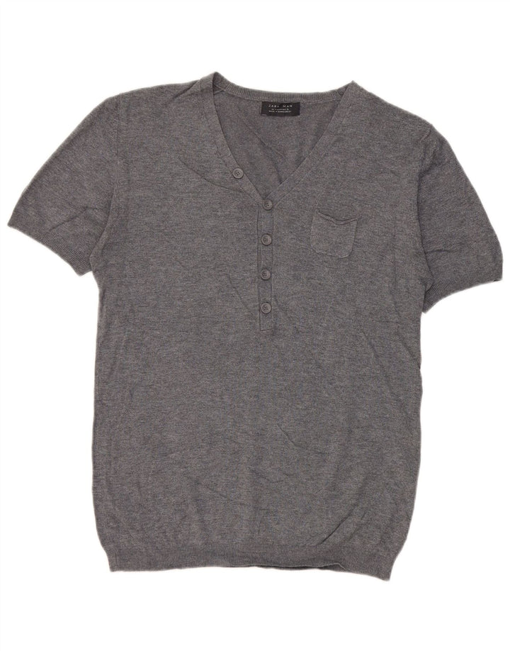 Maglione Zara da uomo a maniche corte con scollo a V in viscosa grigio medio