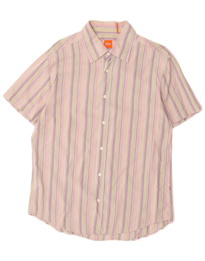 Hugo Boss Camicia a maniche corte da uomo di grandi dimensioni in cotone a righe multicolore