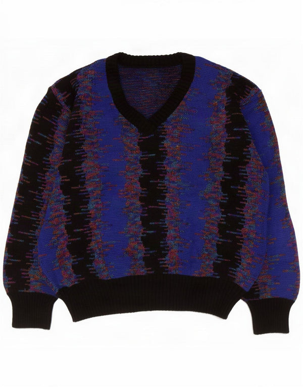 Maglione vintage da donna con scollo a V UK 16 Large Blue Colourblock