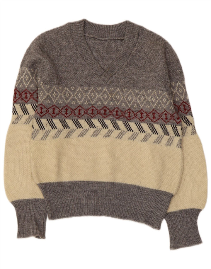 Maglione vintage da donna con scollo a V UK 10 piccolo grigio a rombi/diamante