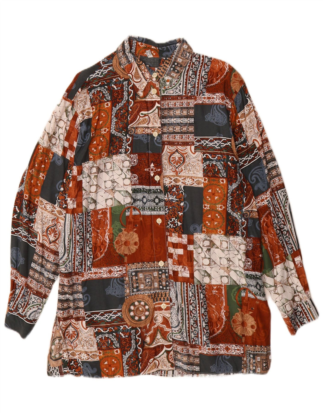 Camicia lunga da donna vintage UK 14 Viscosa patchwork multicolore grande