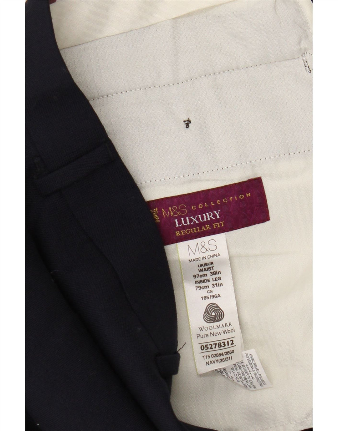 Pantaloni da abito vestibilità regolare da uomo Marks & Spencer W38 L31 lana blu navy