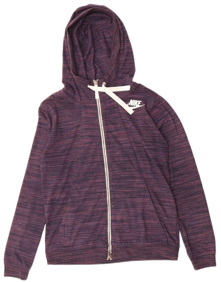 NIKE Womens Zip Hoodie Sweater UK 14 Medium Purple Striped Polyester