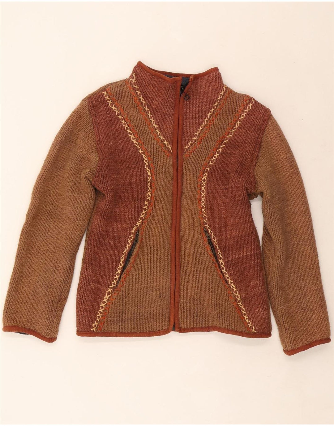 Maglione cardigan da donna vintage UK 12 Colorblock marrone medio