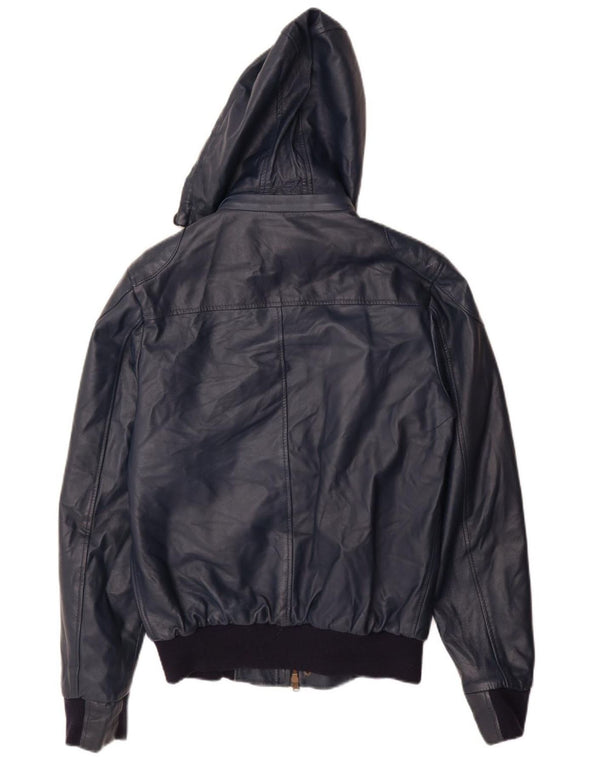 Giacca in pelle con cappuccio da donna VINTAGE UK 14 grande in pelle blu navy