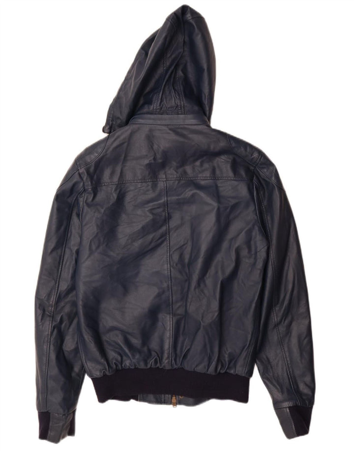 Giacca in pelle con cappuccio da donna VINTAGE UK 14 grande in pelle blu navy