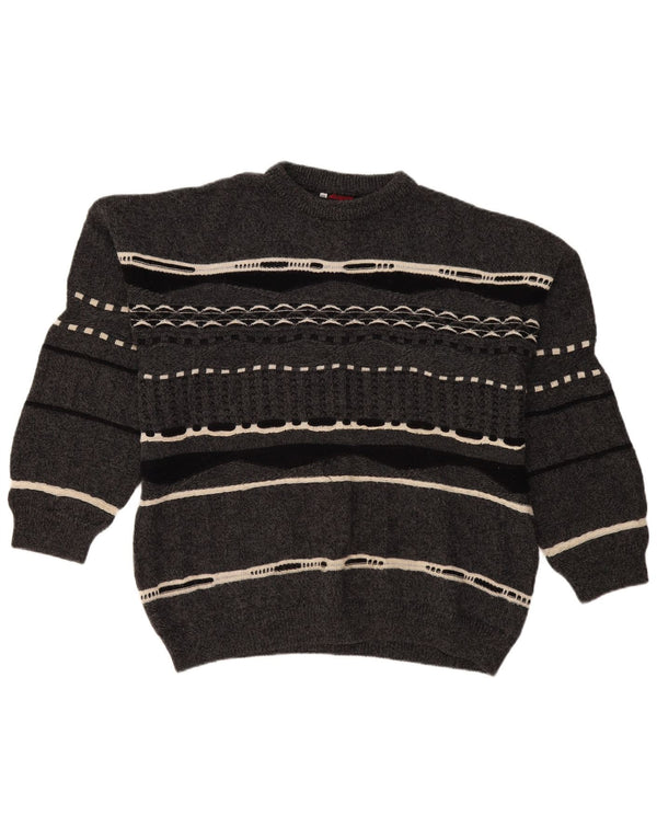 Maglione maglione girocollo vintage da uomo 2XL in lana a righe grigie