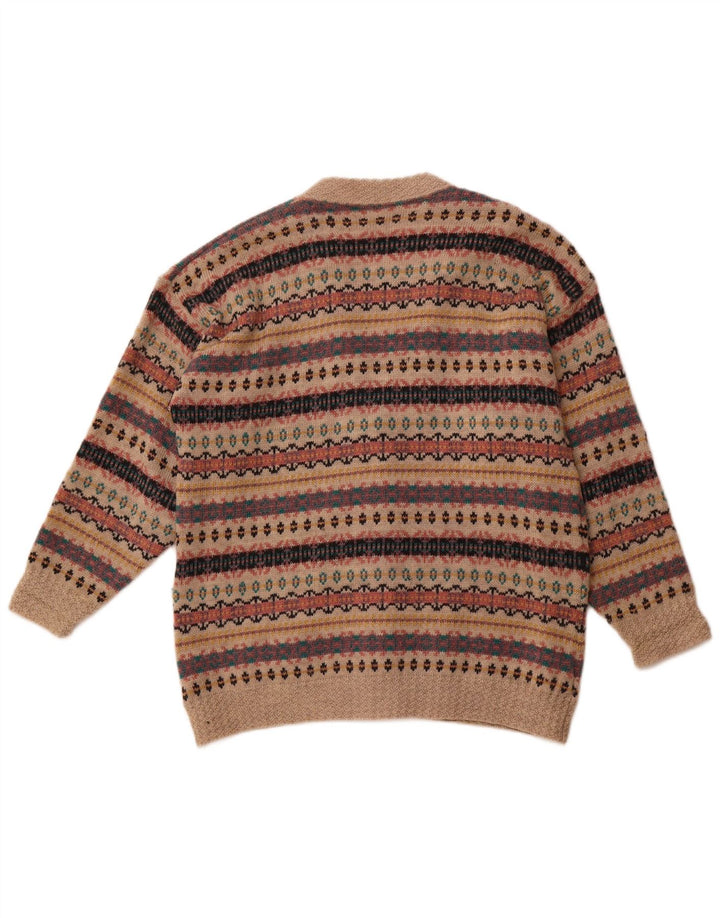 Maglione cardigan da donna VINTAGE UK 14 Lana Fair Isle marrone grande