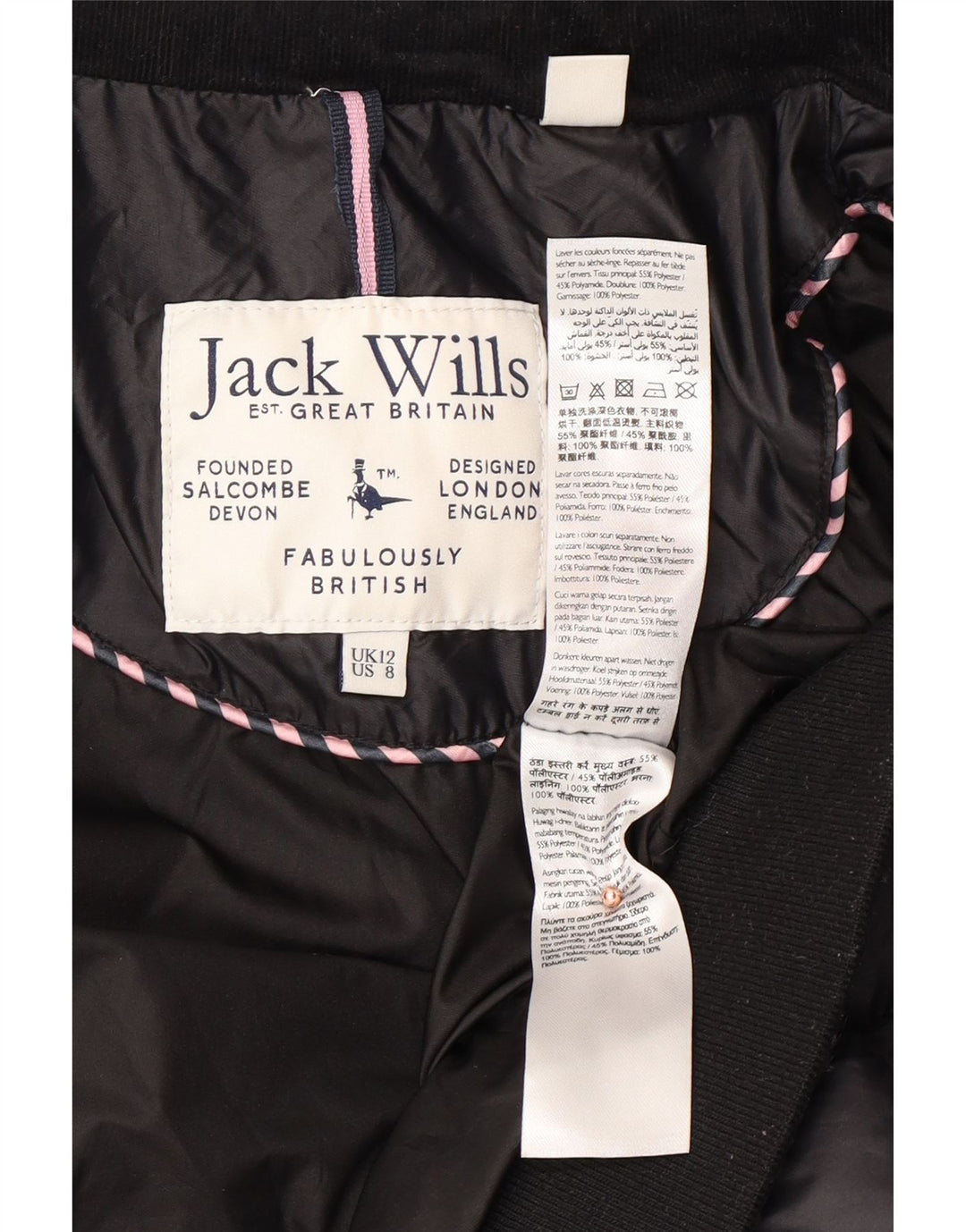 Giacca imbottita da donna JACK WILLS UK 12 poliestere nero medio