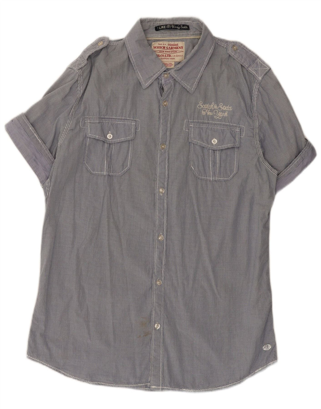 SCOTCH & SODA Camicia militare a maniche corte da uomo grande in cotone a quadretti blu