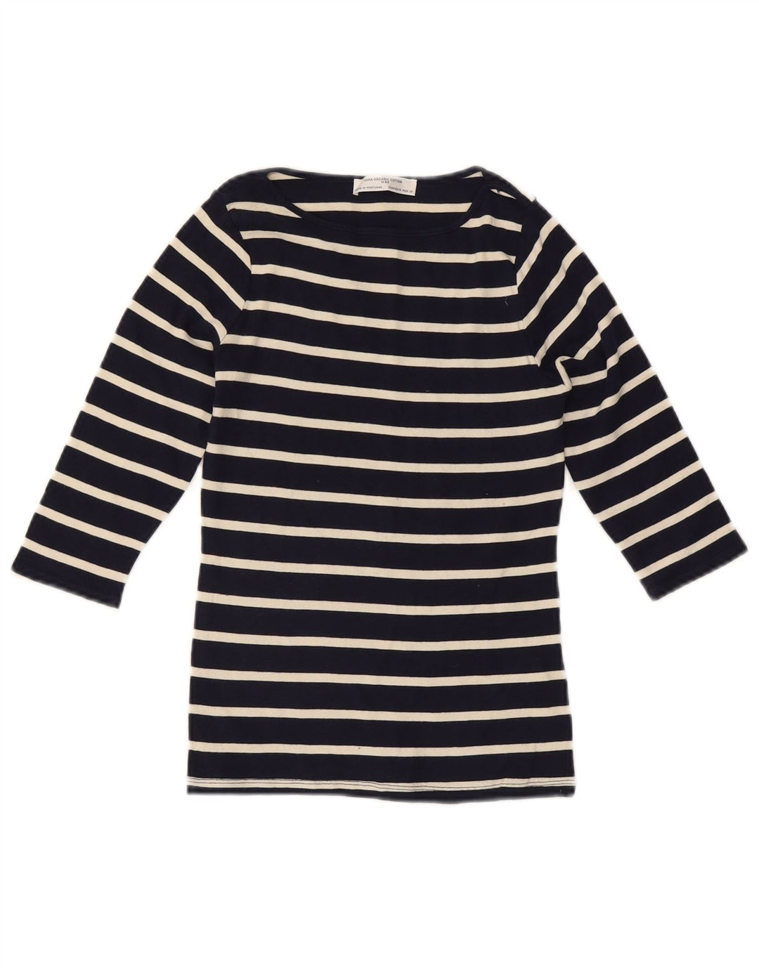 ZARA Top da Donna Manica 3/4 UK 12 Medio Cotone a Righe Blu Navy