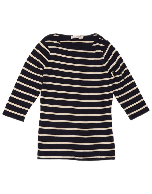 ZARA Top da Donna Manica 3/4 UK 12 Medio Cotone a Righe Blu Navy