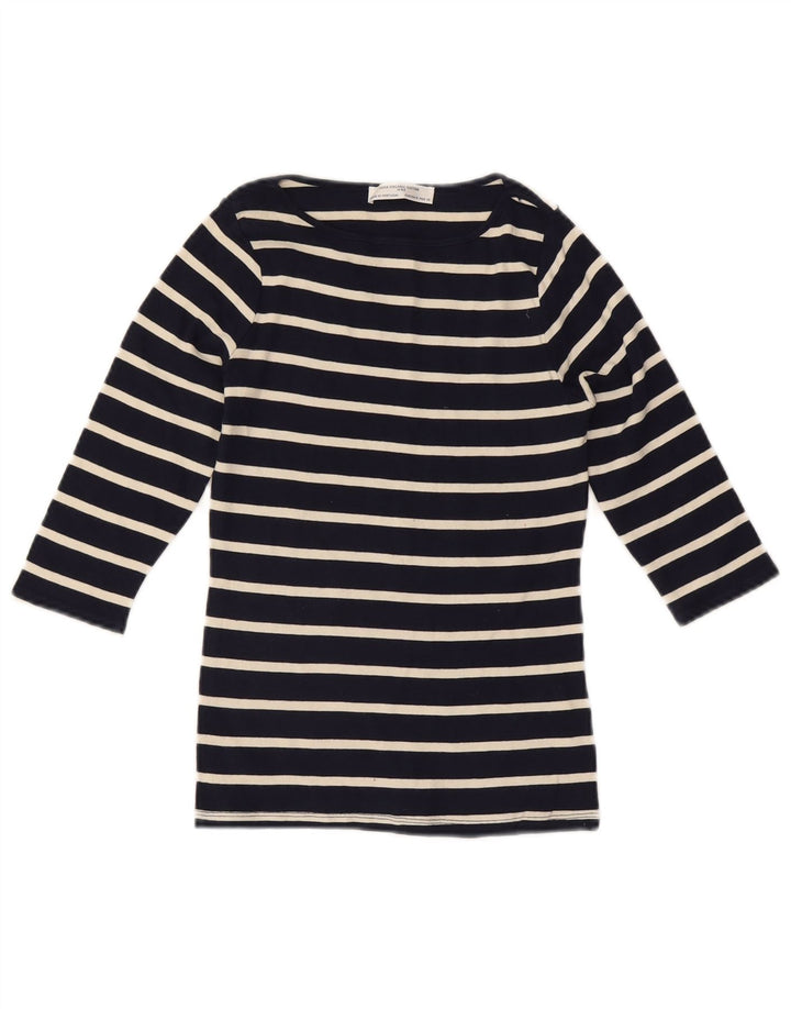 ZARA Top da Donna Manica 3/4 UK 12 Medio Cotone a Righe Blu Navy