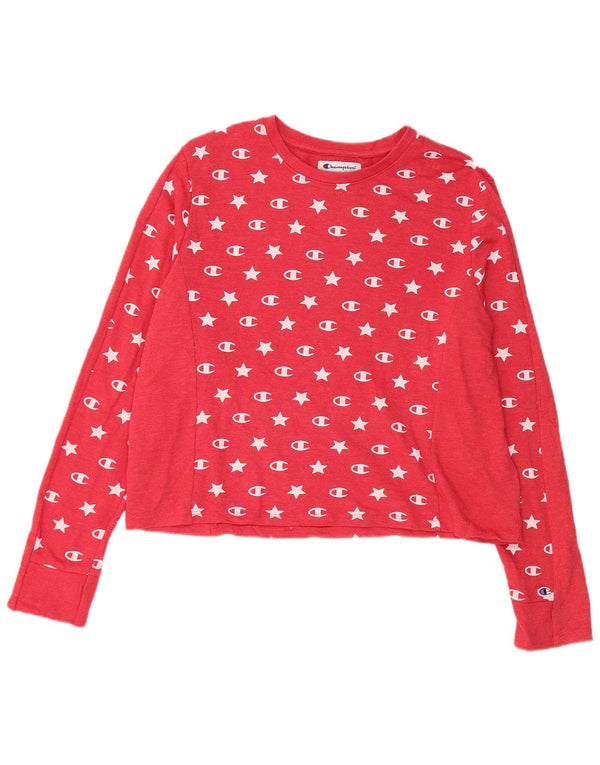 Top corto grafico da donna Champion manica lunga UK 14 grande cotone rosso