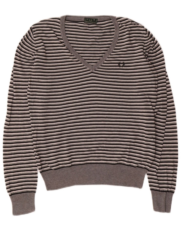 Maglione da donna con scollo a V Fred Perry UK 14 Cotone a righe grigio medio