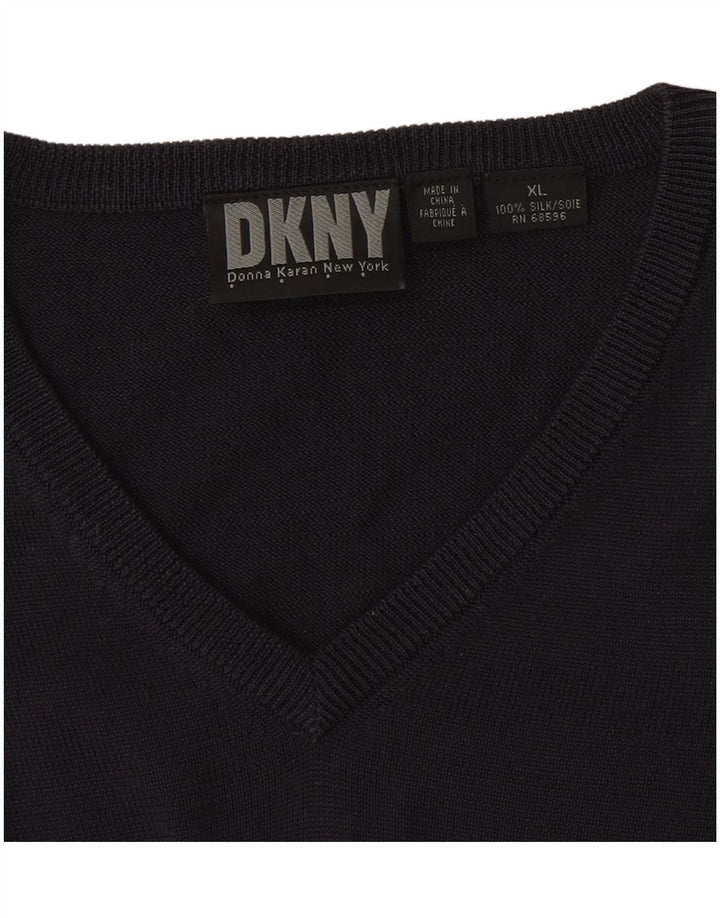 Maglione da uomo Dkny con scollo a V XL in seta blu navy