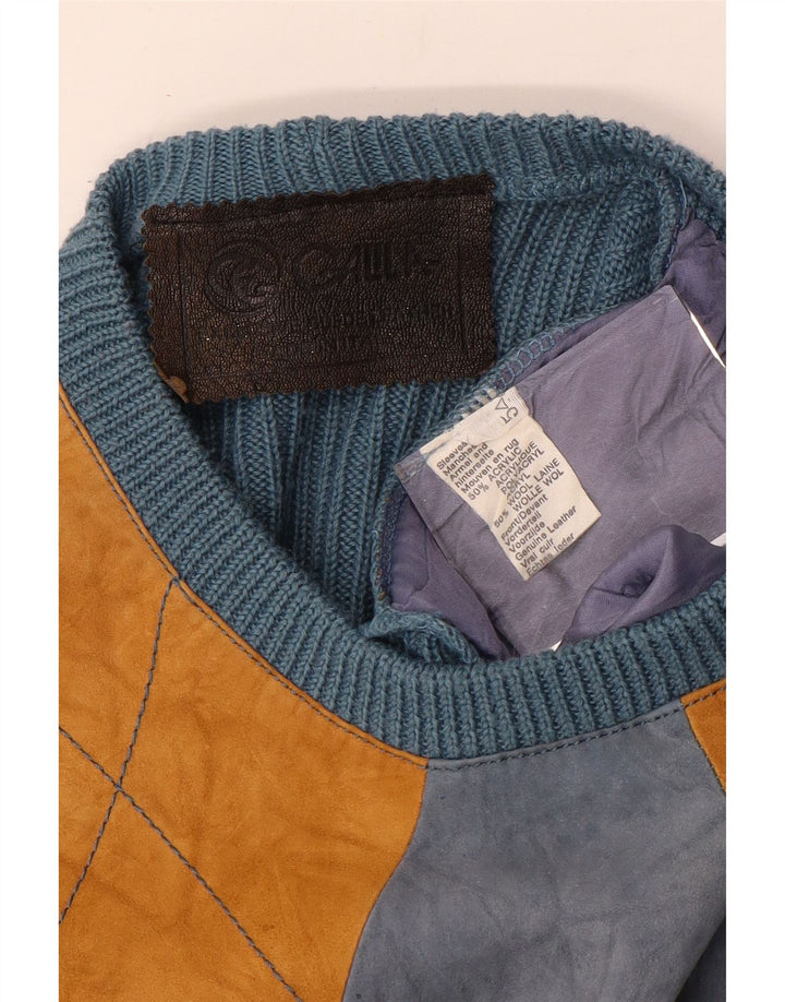 Maglione maglione girocollo da uomo vintage blu medio a rombi/acrilico con diamanti