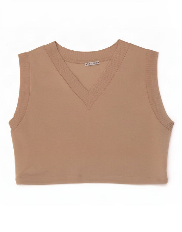 Zara Womens Crop Vest Top UK 16 Large Beige Cotton