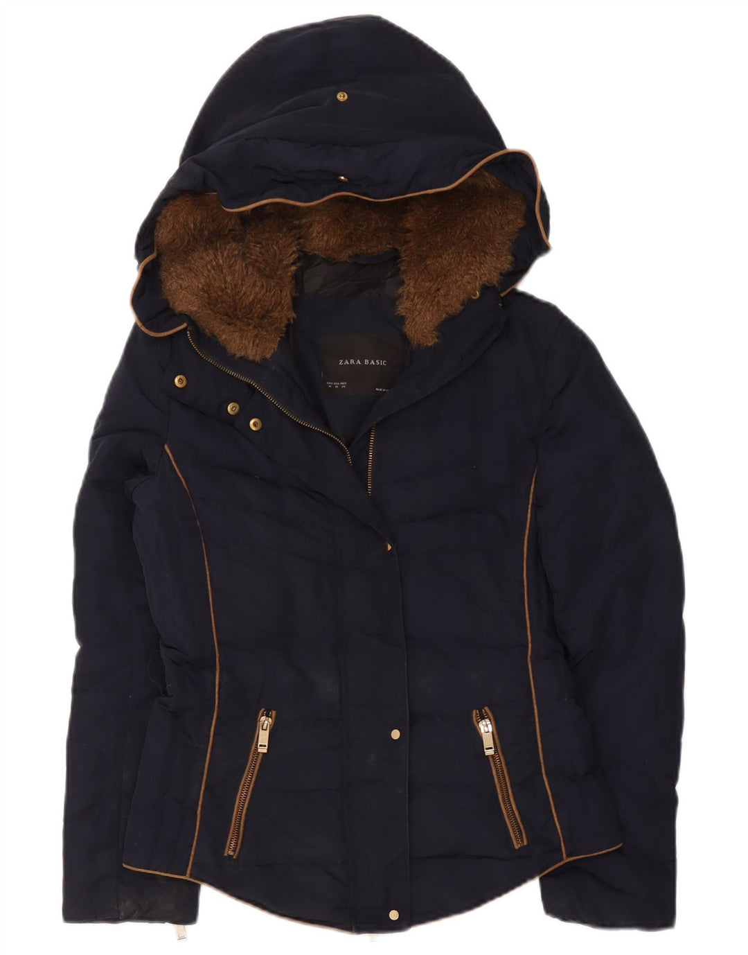 Giacca imbottita con cappuccio da donna Zara UK 12 medio blu navy poliestere
